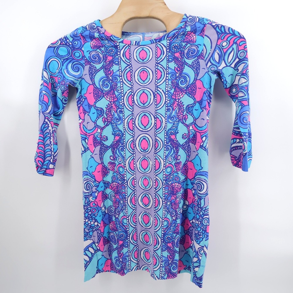 Lilly Pulitzer Lobstah Roll Shift Dress Blue 3/4 Sleeve Womens Small